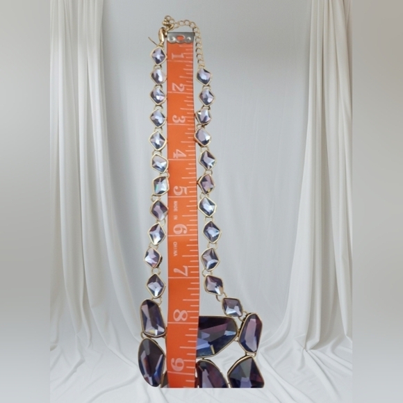 Vintage Lavender Chunky Big Long Glass Stone Gold Tone  Statement Necklace - Picture 5 of 9